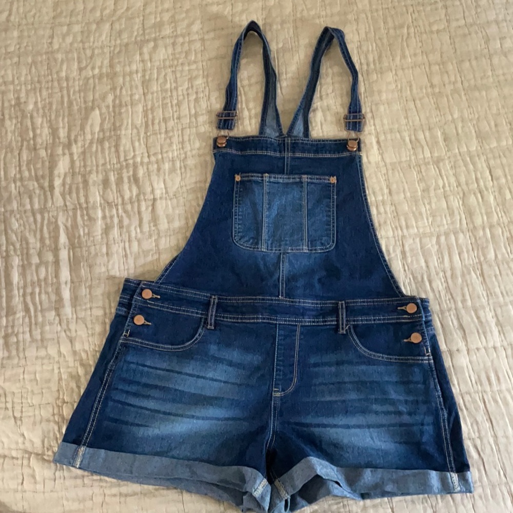 Dark wash jean short overalls